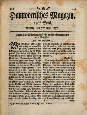 Hannoverisches Magazin (Hannoversche Anzeigen) Montag 7. April 1777