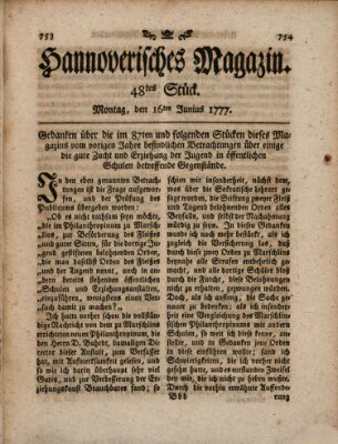 Hannoverisches Magazin (Hannoversche Anzeigen) Montag 16. Juni 1777