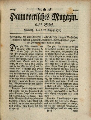 Hannoverisches Magazin (Hannoversche Anzeigen) Montag 11. August 1777