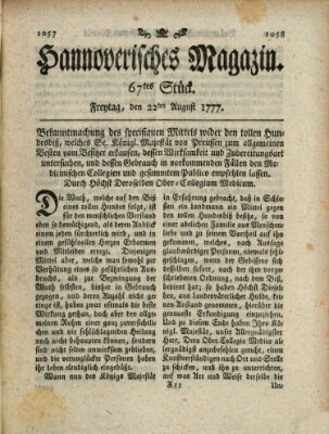 Hannoverisches Magazin (Hannoversche Anzeigen) Freitag 22. August 1777