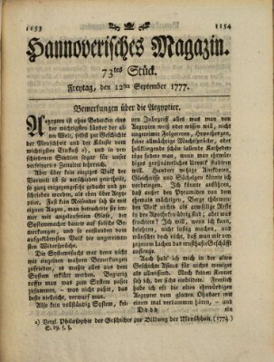 Hannoverisches Magazin (Hannoversche Anzeigen) Freitag 12. September 1777