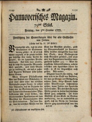 Hannoverisches Magazin (Hannoversche Anzeigen) Freitag 3. Oktober 1777