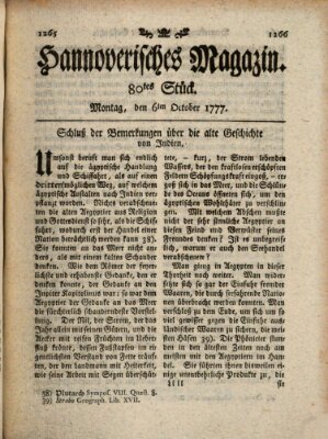 Hannoverisches Magazin (Hannoversche Anzeigen) Montag 6. Oktober 1777