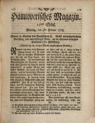 Hannoverisches Magazin (Hannoversche Anzeigen) Montag 9. Februar 1778