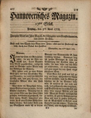 Hannoverisches Magazin (Hannoversche Anzeigen) Freitag 3. April 1778