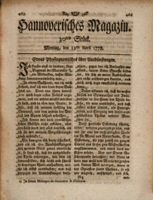 Hannoverisches Magazin (Hannoversche Anzeigen) Montag 13. April 1778