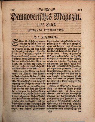 Hannoverisches Magazin (Hannoversche Anzeigen) Freitag 17. April 1778