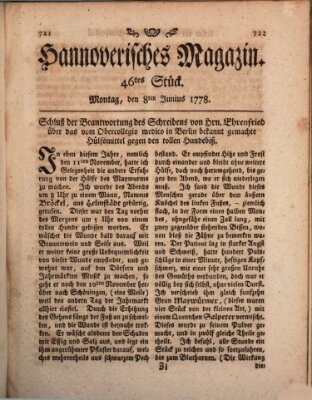 Hannoverisches Magazin (Hannoversche Anzeigen) Montag 8. Juni 1778