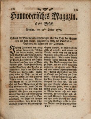 Hannoverisches Magazin (Hannoversche Anzeigen) Freitag 31. Juli 1778