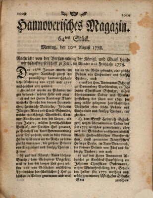 Hannoverisches Magazin (Hannoversche Anzeigen) Montag 10. August 1778