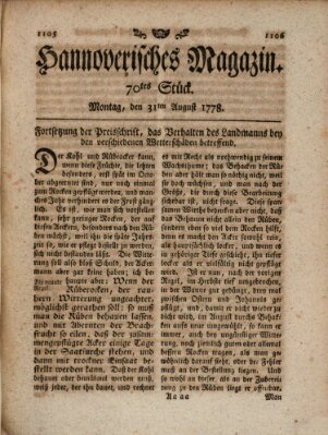 Hannoverisches Magazin (Hannoversche Anzeigen) Montag 31. August 1778