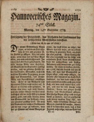 Hannoverisches Magazin (Hannoversche Anzeigen) Montag 14. September 1778