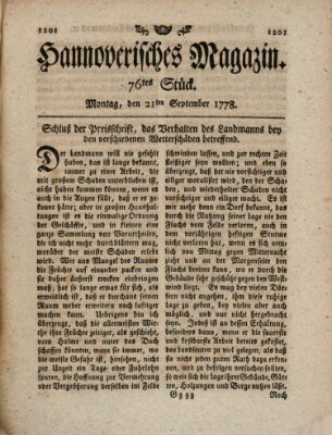 Hannoverisches Magazin (Hannoversche Anzeigen) Montag 21. September 1778