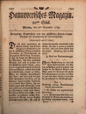 Hannoverisches Magazin (Hannoversche Anzeigen) Montag 2. November 1778