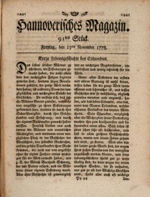 Hannoverisches Magazin (Hannoversche Anzeigen) Freitag 13. November 1778