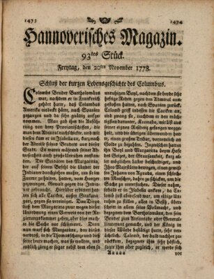 Hannoverisches Magazin (Hannoversche Anzeigen) Freitag 20. November 1778