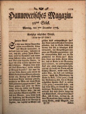 Hannoverisches Magazin (Hannoversche Anzeigen) Montag 7. Dezember 1778