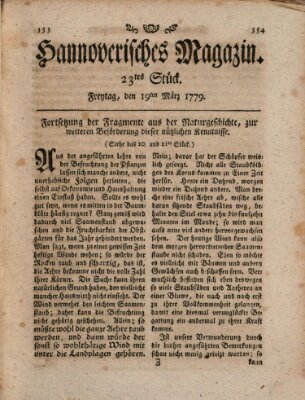 Hannoverisches Magazin (Hannoversche Anzeigen) Freitag 19. März 1779