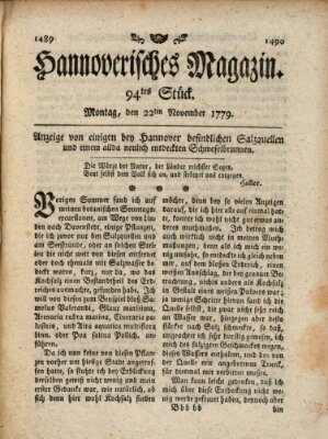 Hannoverisches Magazin (Hannoversche Anzeigen) Montag 22. November 1779