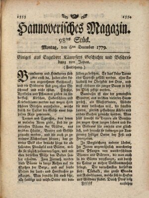 Hannoverisches Magazin (Hannoversche Anzeigen) Montag 6. Dezember 1779