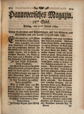 Hannoverisches Magazin (Hannoversche Anzeigen) Freitag 21. Juli 1780