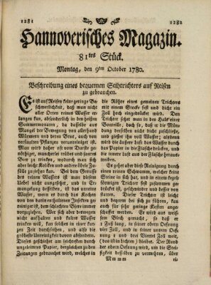 Hannoverisches Magazin (Hannoversche Anzeigen) Montag 9. Oktober 1780