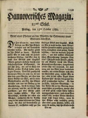 Hannoverisches Magazin (Hannoversche Anzeigen) Freitag 13. Oktober 1780