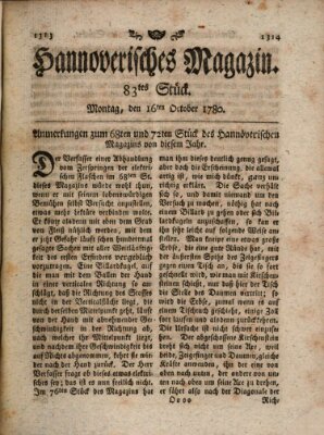 Hannoverisches Magazin (Hannoversche Anzeigen) Montag 16. Oktober 1780