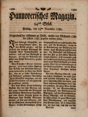 Hannoverisches Magazin (Hannoversche Anzeigen) Donnerstag 23. November 1780