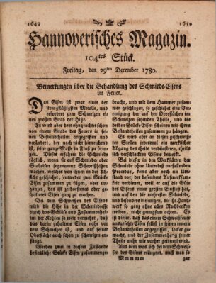 Hannoverisches Magazin (Hannoversche Anzeigen) Freitag 29. Dezember 1780