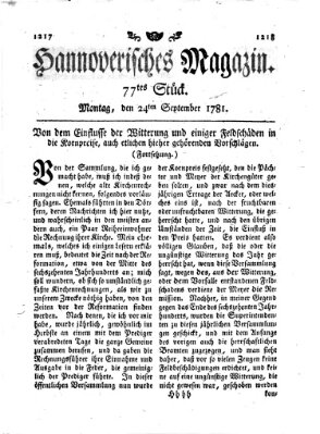 Hannoverisches Magazin (Hannoversche Anzeigen) Montag 24. September 1781