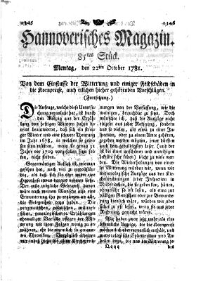 Hannoverisches Magazin (Hannoversche Anzeigen) Montag 22. Oktober 1781