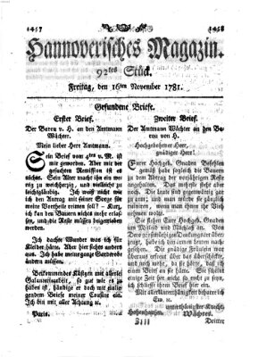 Hannoverisches Magazin (Hannoversche Anzeigen) Freitag 16. November 1781