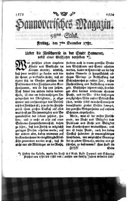 Hannoverisches Magazin (Hannoversche Anzeigen) Freitag 7. Dezember 1781