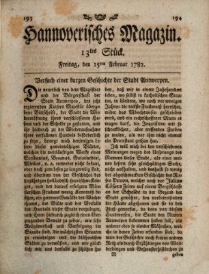 Hannoverisches Magazin (Hannoversche Anzeigen) Freitag 15. Februar 1782