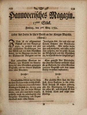 Hannoverisches Magazin (Hannoversche Anzeigen) Freitag 1. März 1782