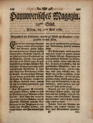 Hannoverisches Magazin (Hannoversche Anzeigen) Freitag 12. April 1782