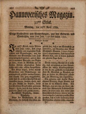 Hannoverisches Magazin (Hannoversche Anzeigen) Montag 22. April 1782