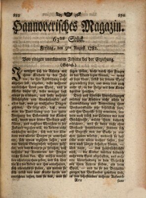 Hannoverisches Magazin (Hannoversche Anzeigen) Freitag 9. August 1782