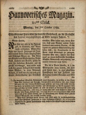 Hannoverisches Magazin (Hannoversche Anzeigen) Montag 7. Oktober 1782