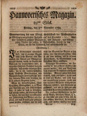 Hannoverisches Magazin (Hannoversche Anzeigen) Freitag 8. November 1782