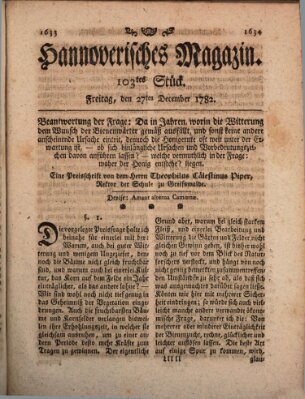 Hannoverisches Magazin (Hannoversche Anzeigen) Freitag 27. Dezember 1782