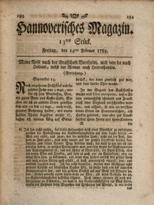 Hannoverisches Magazin (Hannoversche Anzeigen) Freitag 14. Februar 1783