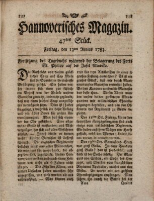 Hannoverisches Magazin (Hannoversche Anzeigen) Freitag 13. Juni 1783