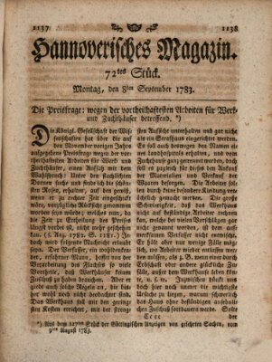 Hannoverisches Magazin (Hannoversche Anzeigen) Montag 8. September 1783