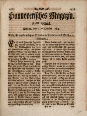 Hannoverisches Magazin (Hannoversche Anzeigen) Freitag 31. Oktober 1783