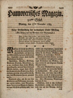 Hannoverisches Magazin (Hannoversche Anzeigen) Montag 17. November 1783