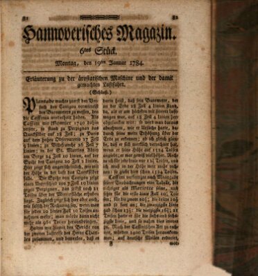 Hannoverisches Magazin (Hannoversche Anzeigen) Montag 19. Januar 1784