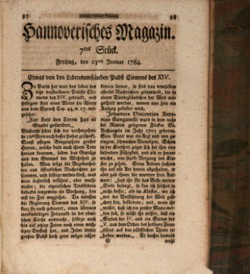 Hannoverisches Magazin (Hannoversche Anzeigen) Freitag 23. Januar 1784