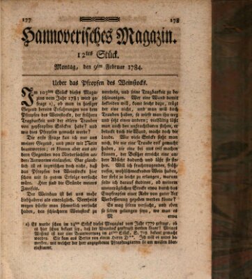 Hannoverisches Magazin (Hannoversche Anzeigen) Montag 9. Februar 1784